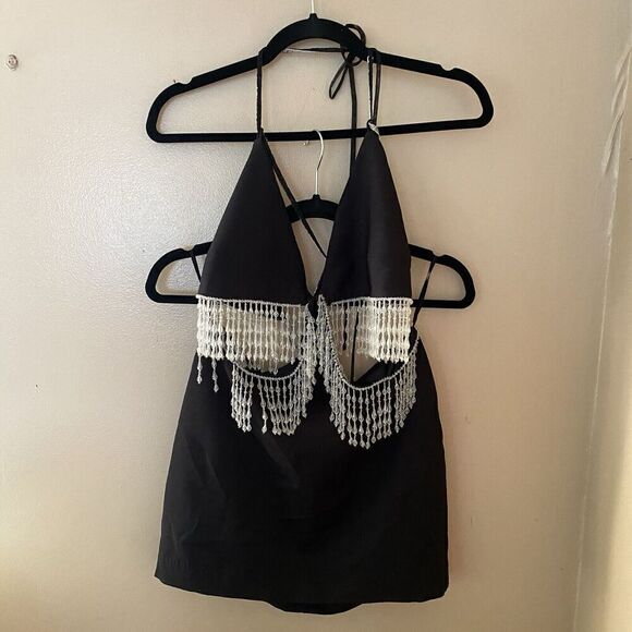 NBD Lali Dress Beaded Fringe Black Cut Out Mini Halter Revolve $328 NWT S - Picture 12 of 12